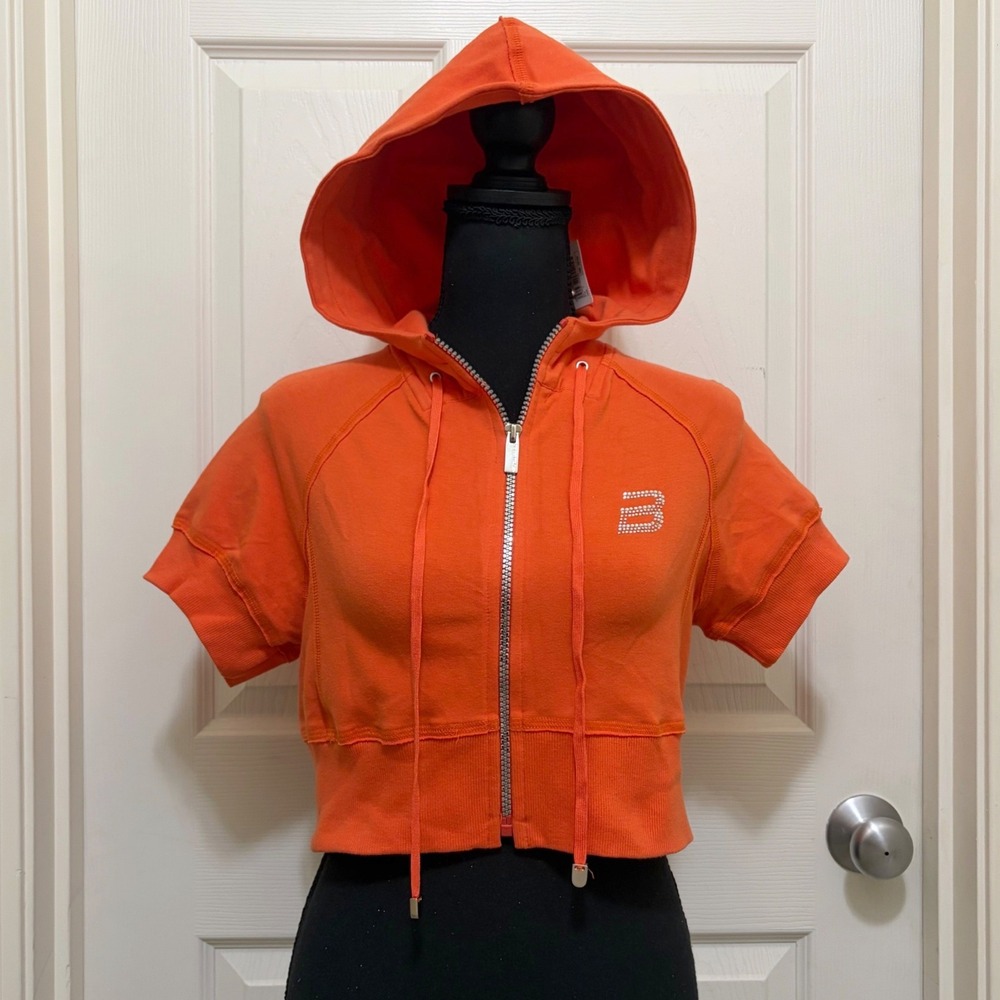 NEW Old Stock Bebe Sport Cropped Hoodie Top L Orange Rhinestone Logo Y2K McBling